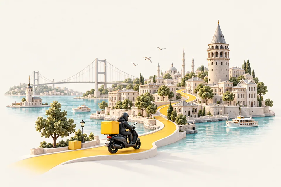 İstanbul silueti, Boğaz ve sarı teslimat yolundaki Gönderiyorum kuryesi
